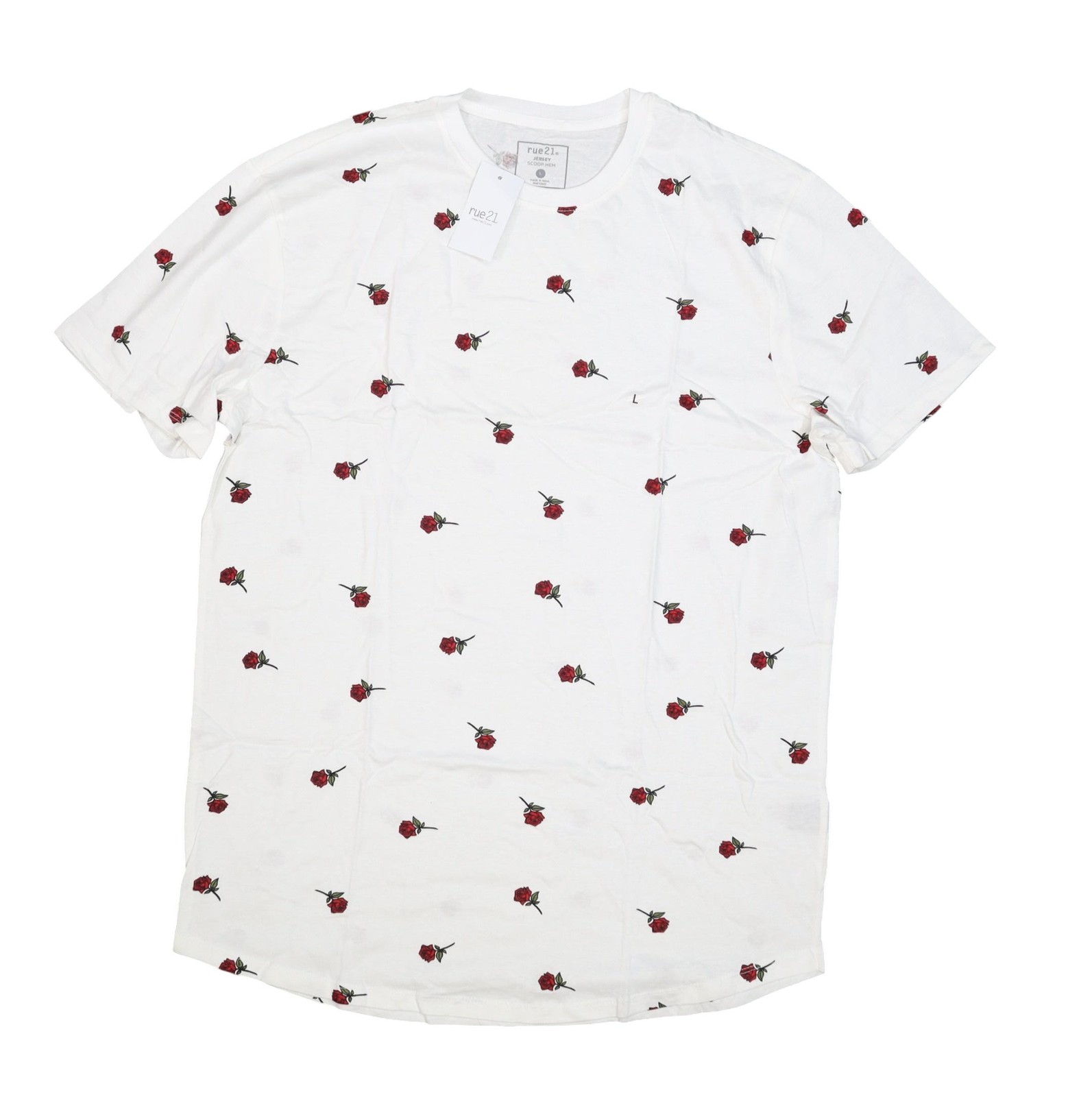 Rue21 Shirt Mens Large White Jersey Scoop Hem Graphic Rose Print 100% Cotton