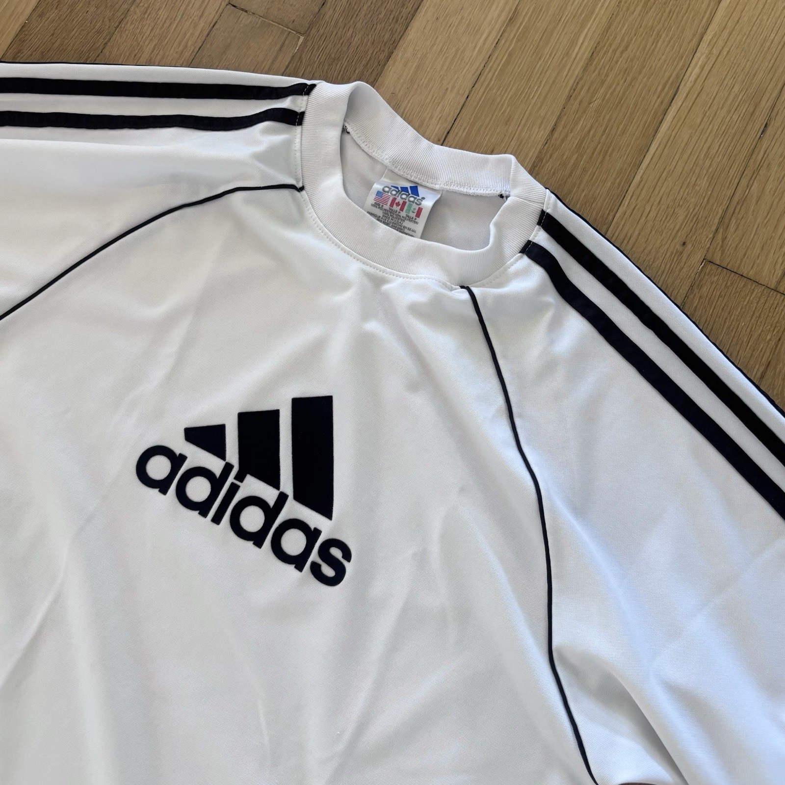 Vintage 90s Adidas Jersey Shirt S Mens White Made in USA Velvet Trefoil Gorpcore