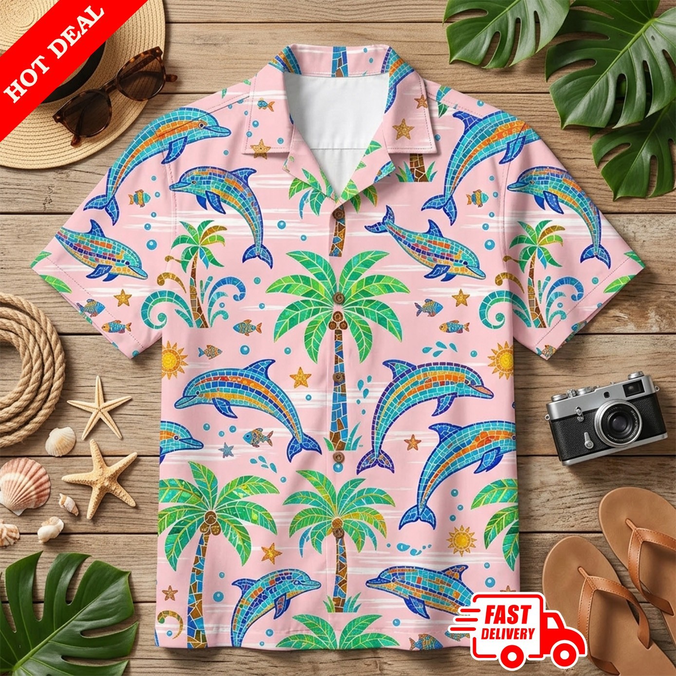 Mens Dolphin Paradise Hawaiian Shirt Aloha Button Down Beach Summer Tropical