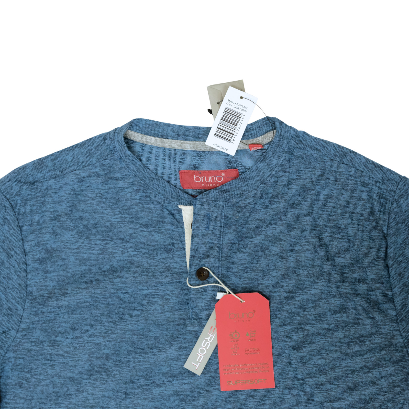 Bruno Milano Mens Long Sleeve Henley Shirt Dark Copenhagen Blue Small Super Soft
