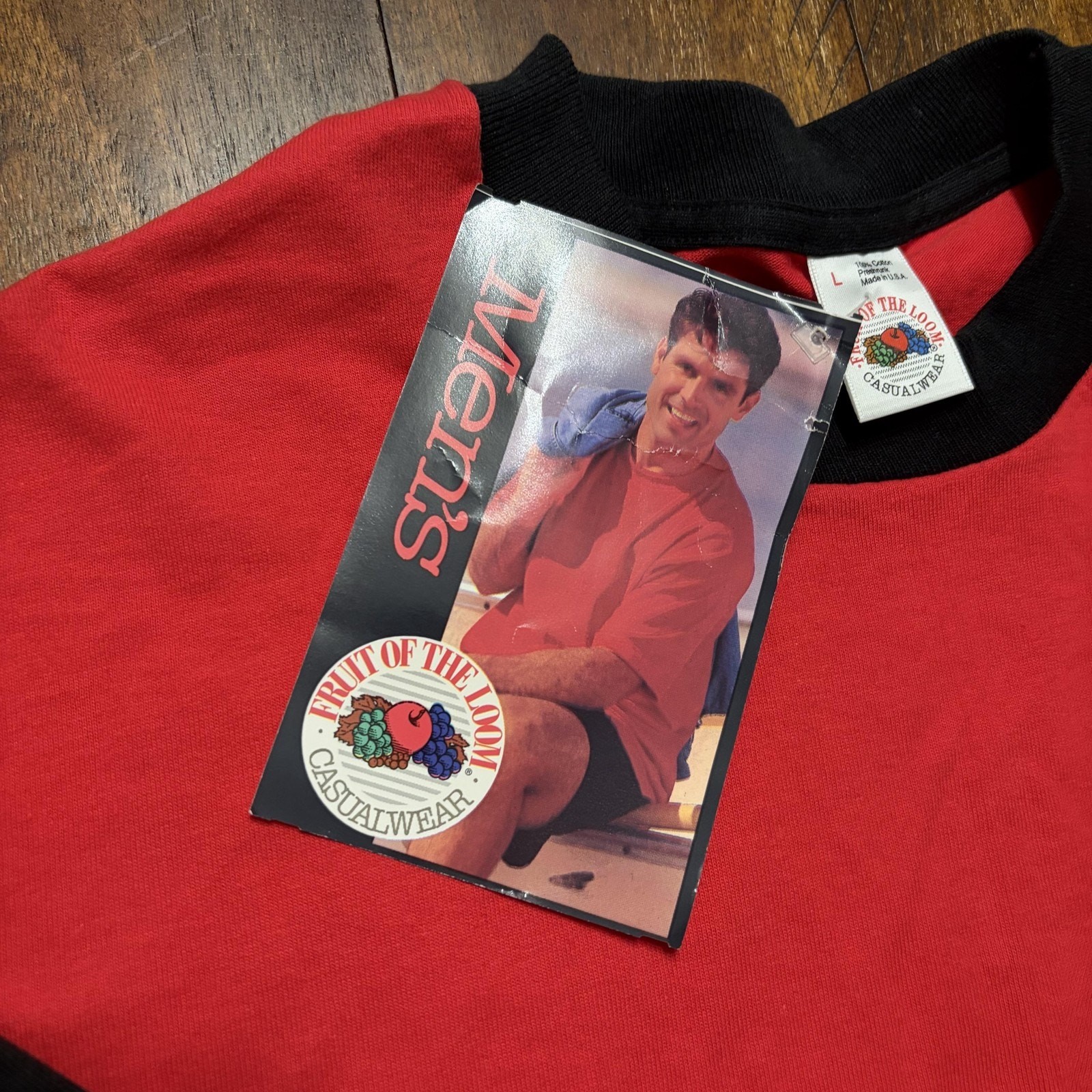 Vintage Fruit Of The Loom Shirt Mens Large Red Black Colorblock Tee Made USA 90s