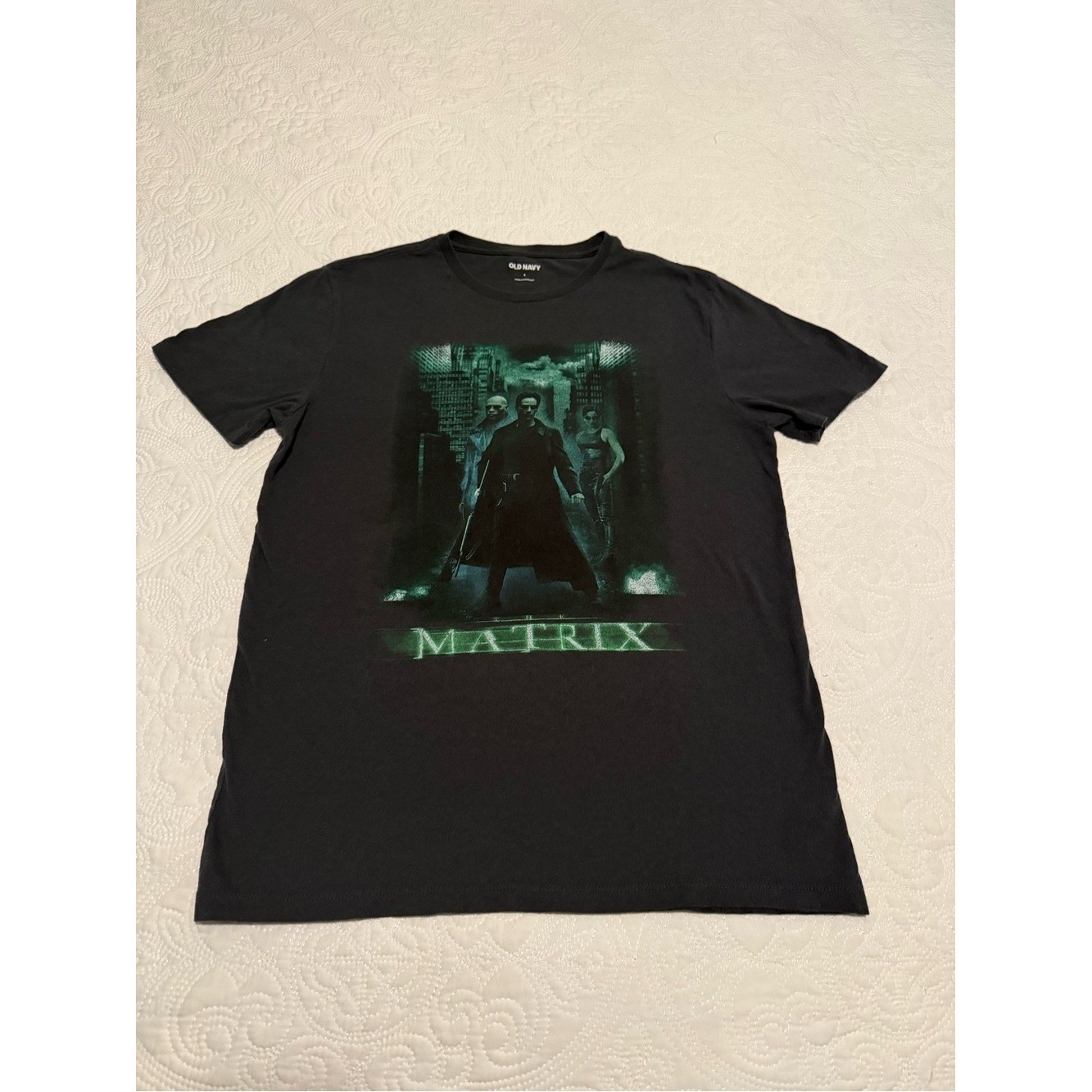 Old Navy Black Short-Sleeve Matrix Graphic Tee with Green Print Small