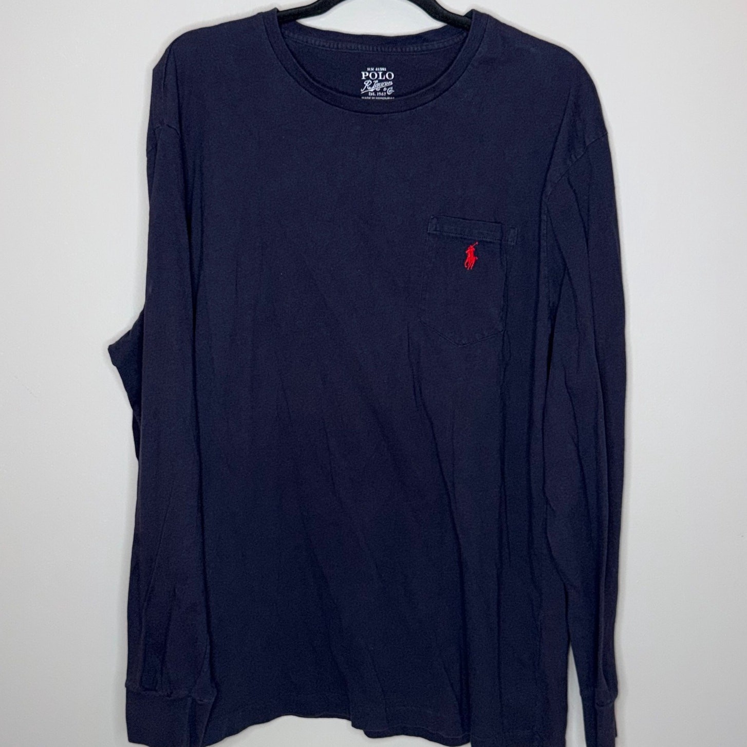 Polo Ralph Lauren Mens Size XL Navy Blue Red Pony Crew Neck Long Sleeve T-Shirt