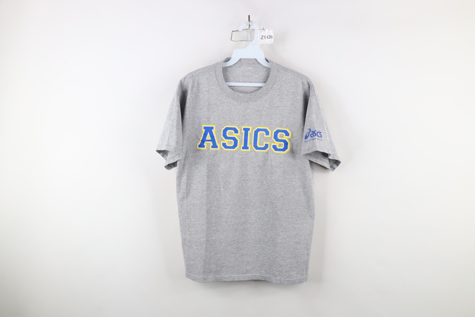 Vintage Asics Mens Size Medium Spell Out Block Letter Short Sleeve T-Shirt Gray