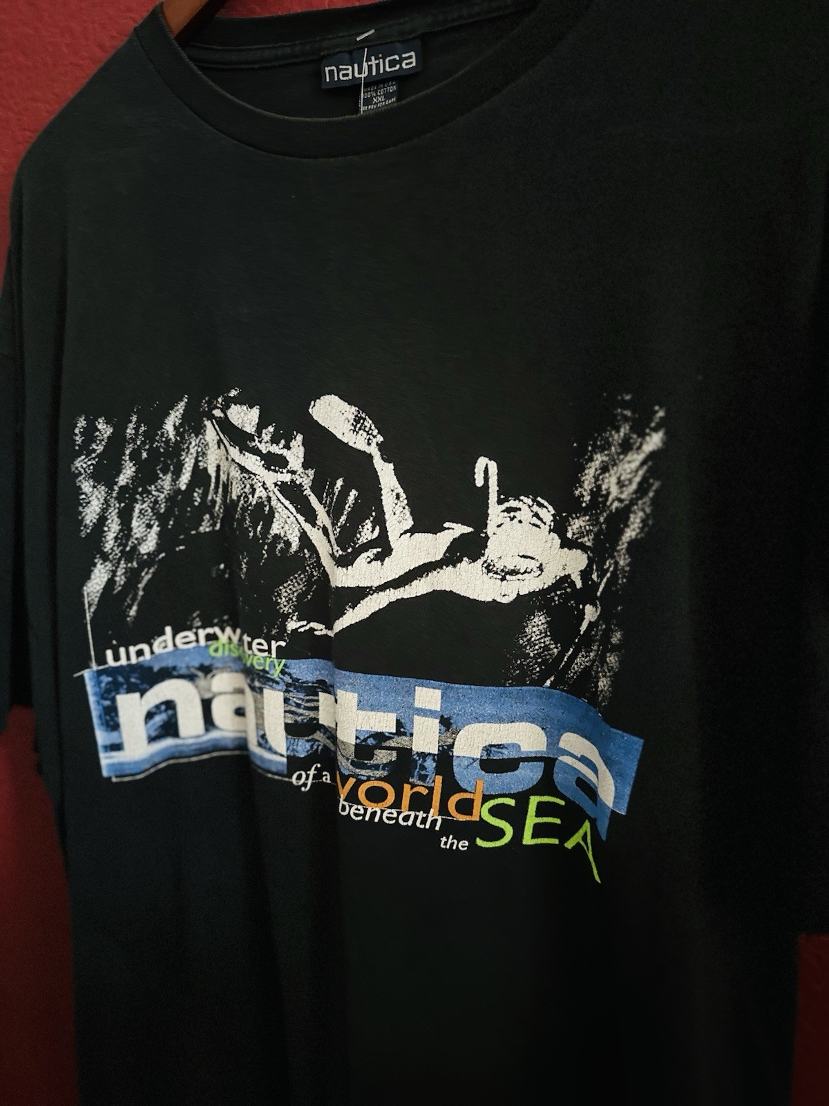 Y2K Nautica Underwater Discovery Scuba Diver Graphic Tee Black Crew Neck XXL