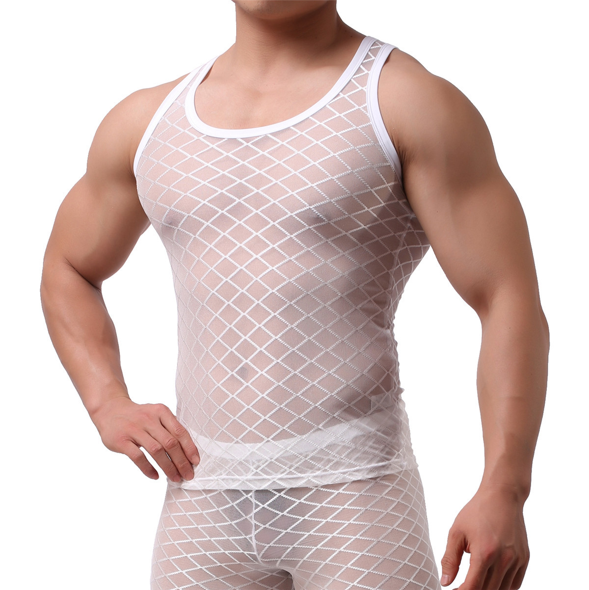Fetish Mens Underwear Sheer Mesh Muscle T-Shirt Tank Tops Long Johns Trousers