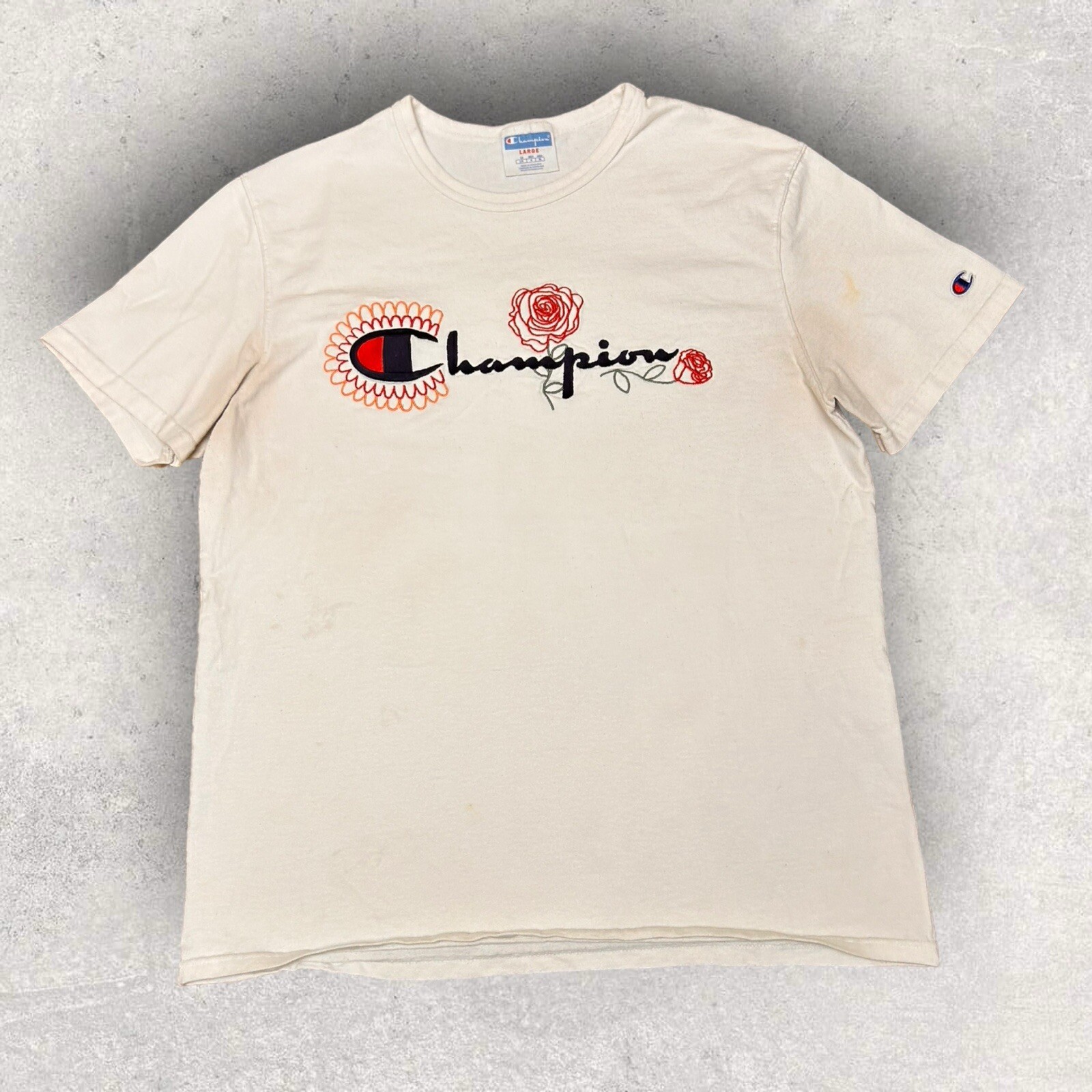 Champion Graphic T-Shirt Size Large Floral Spellout Logo Sportswear Tee White