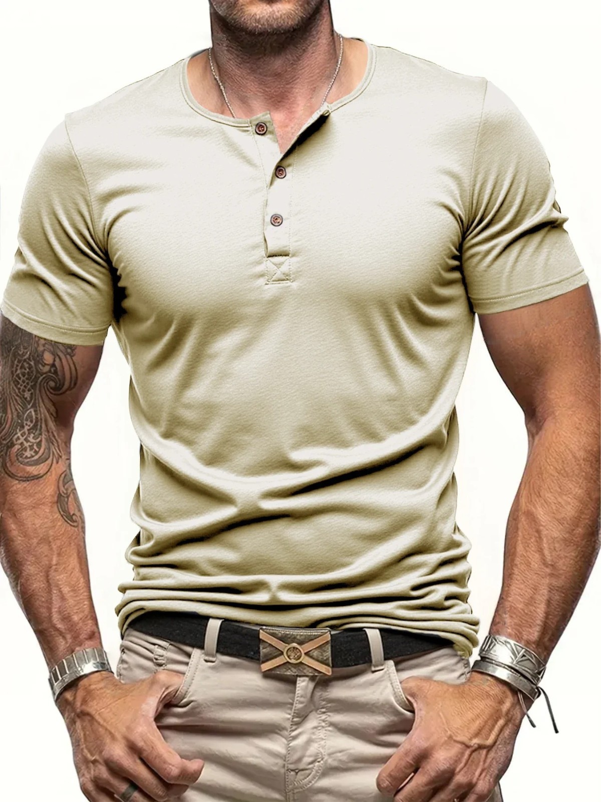 Men’s Short Sleeve Henley Shirt Slim Fit Casual Button Neck T-Shirt