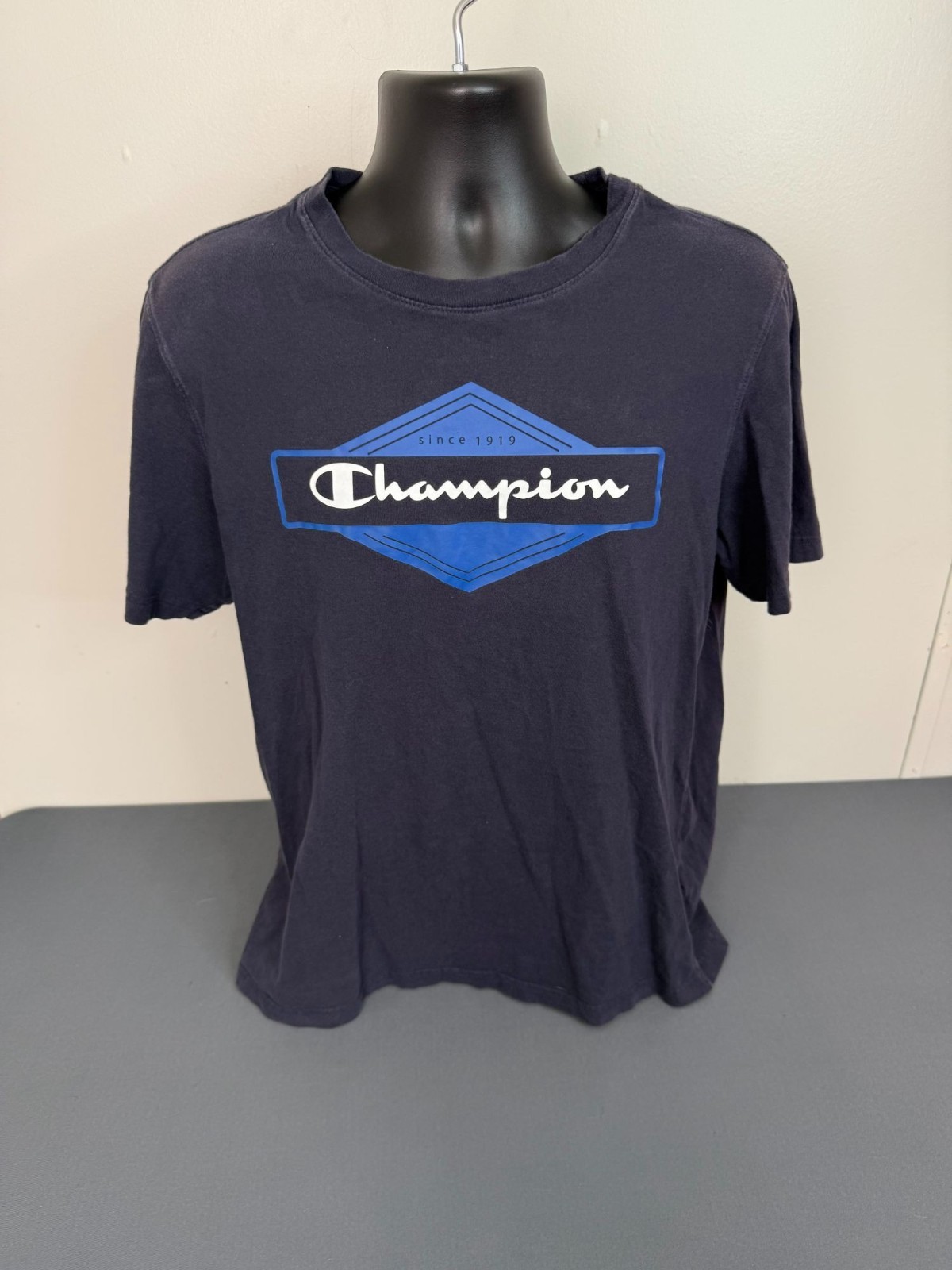 Champion Men’s Size Large Logo Print Crew Neck Short Sleeve Cotton T-Shirt Navy