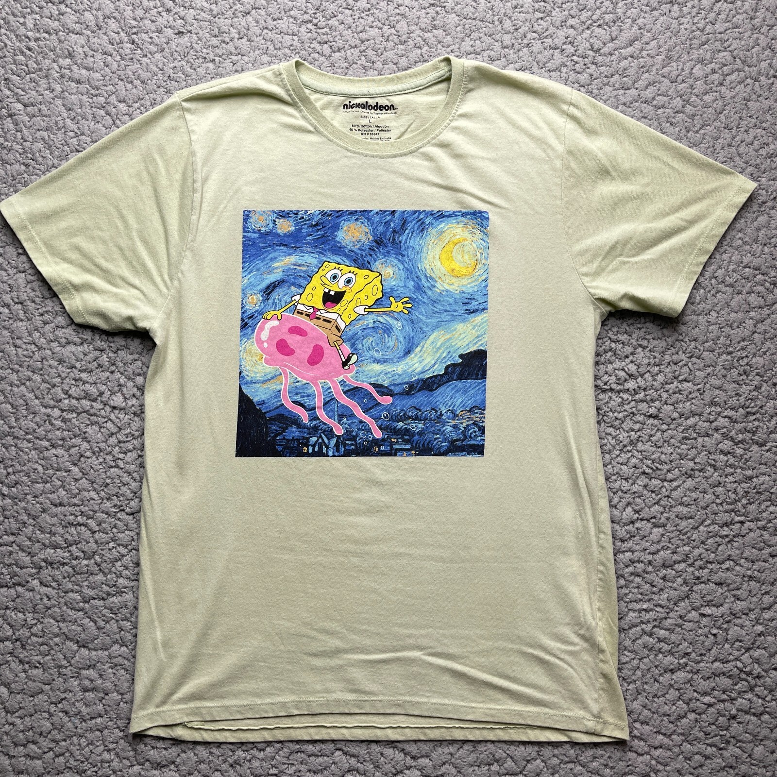 Nickelodeon Spongebob Shirt Mens Large Green Starry Night Painting Short Sleeve