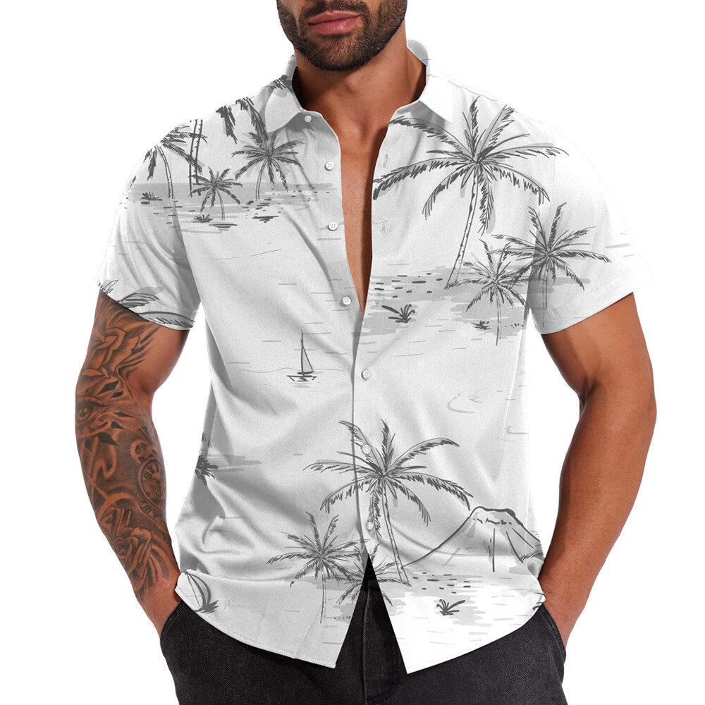 Button Down Shirts Men Black White Hawaiian Dress Short Sleeve Party Up Soft Tee