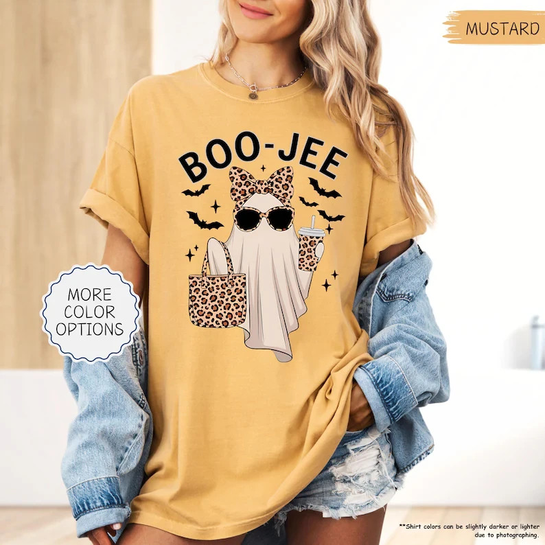 Funny Ghost Halloween Shirt Leopard Bow Coffee Graphic Tee Gildan Unisex Gift