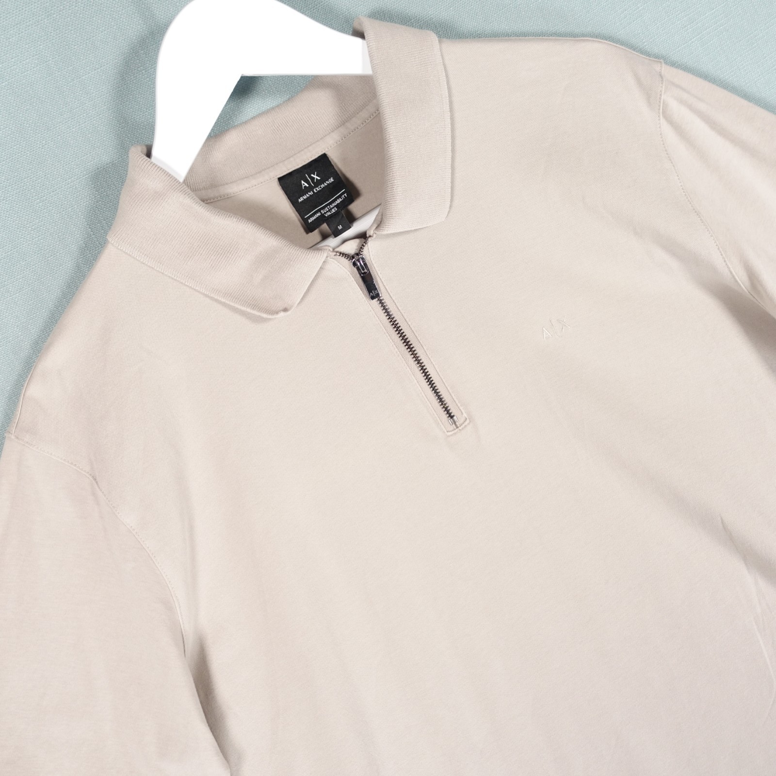Armani Exchange Polo T Shirt Men Medium Beige Cotton 1/4 Zip Short Sleeve Rivera