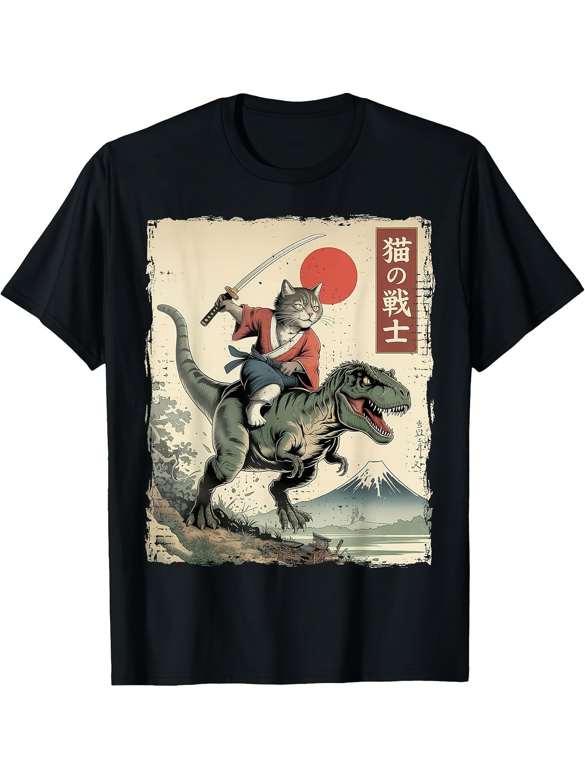 Funny Samurai Cat Riding T-Rex Ukiyo-E Style Graphic T-Shirt Streetwear Tee