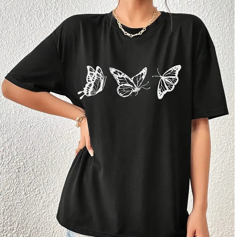 Butterfly Printing Summer Simple Casual Crew Neck T-shirt
