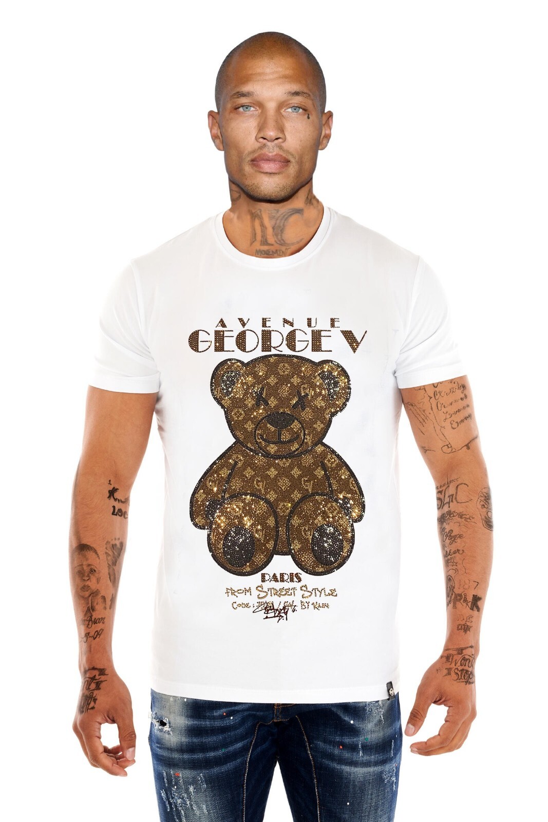 Avenue George V Paris Short Sleeves White T-shirt Rhinestone Golden Teddy bear