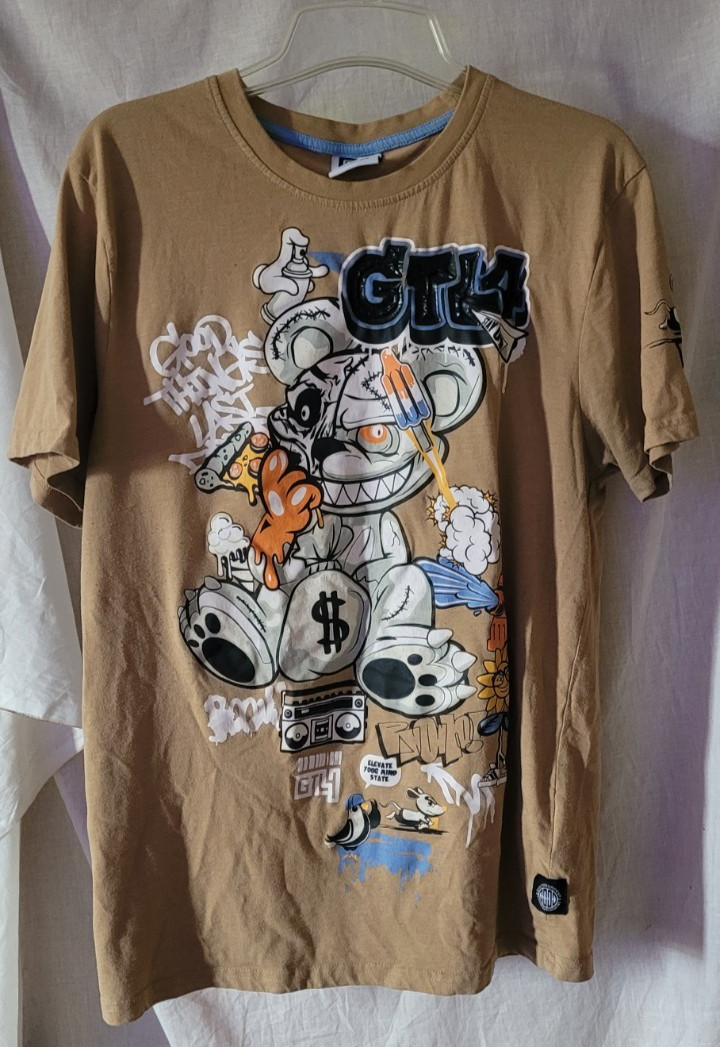 GTL4 Men’s T-Shirt Size Large Good Things Last Brown Psycho Bear Money Bag Cute