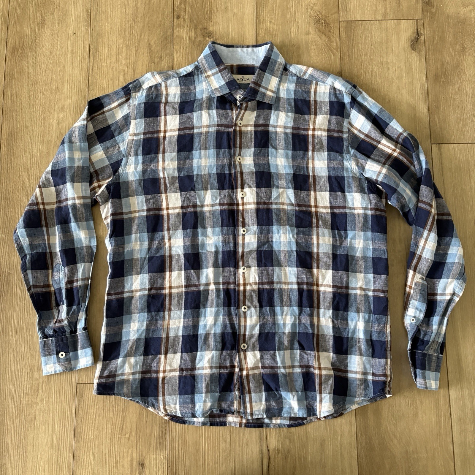 Toscano Size Large 100% Linen Shirt Blue White Plaid Long Sleeve Flannel