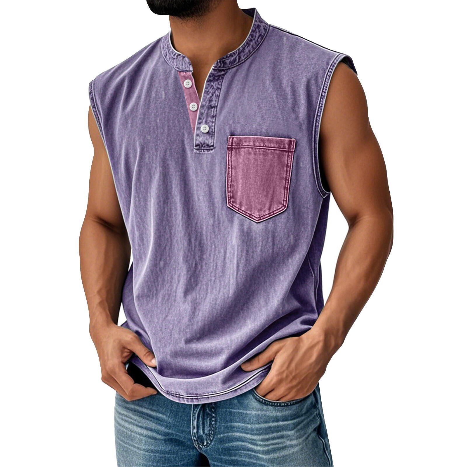 Men Sleeveless Beach Shirts Summer Hawaiian Shirts Casual Button Henley Tank Top