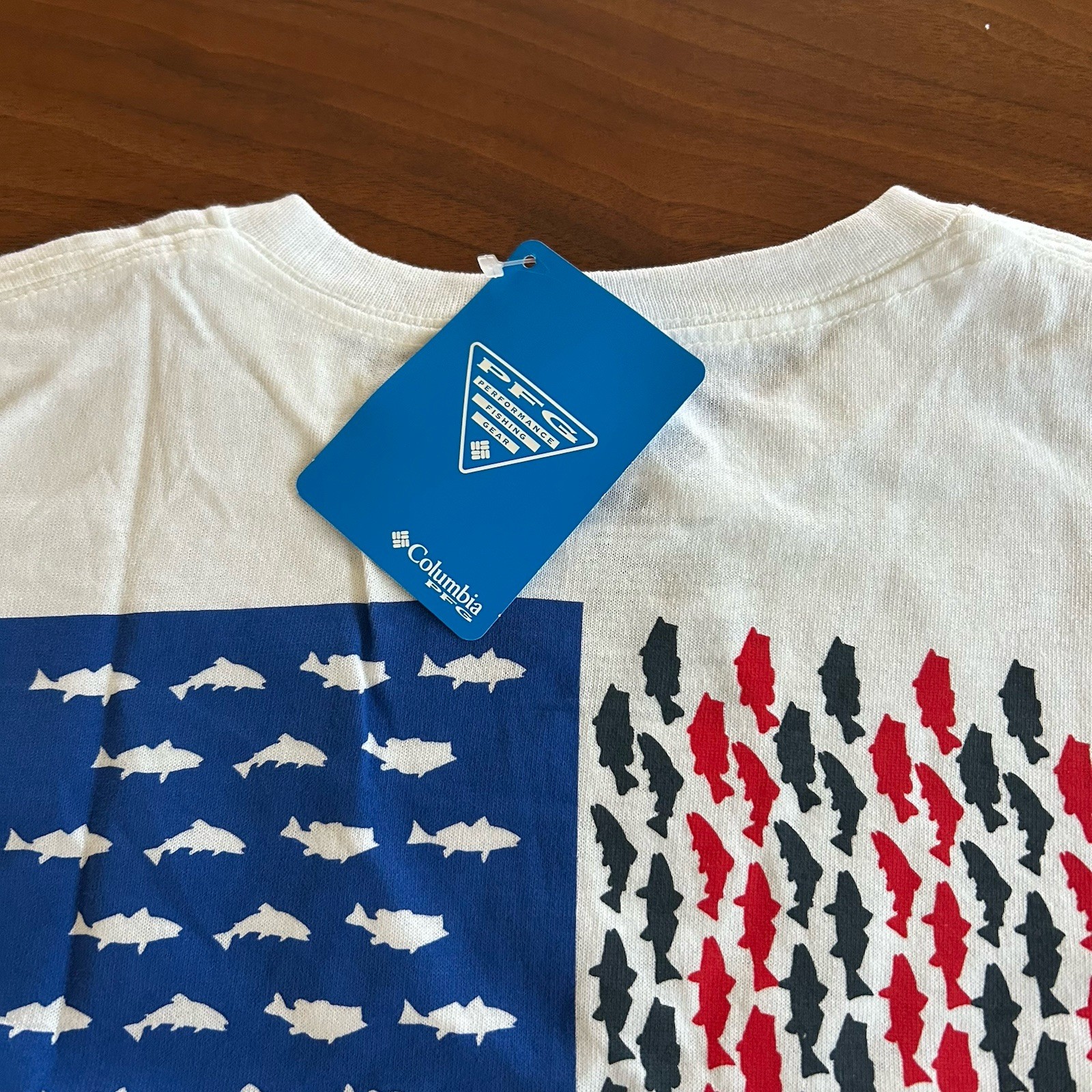 NEW Columbia Shirt Mens Sz Large White PFG Fish American Flag Fishing Outdoor