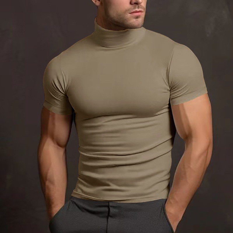 Men Solid Color Mock Neck Short Sleeve Tight Fitted Basic T Shirt Slim Casual