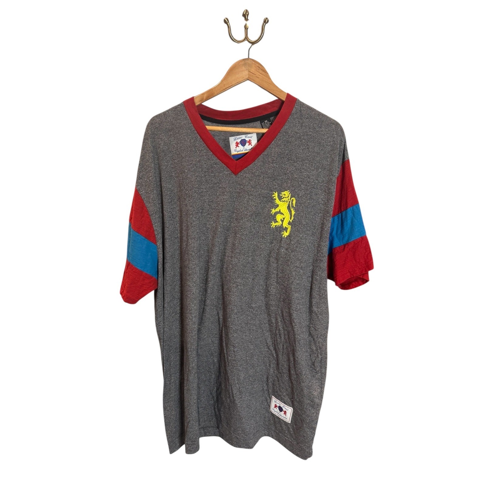 Lions Crest English Laundry V-Neck T-Shirt Mens 3XL Heather Gray Red Blue