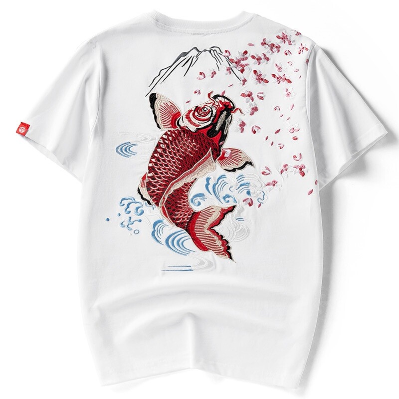 Chinese Koi Fish Print Embroidery Short Sleeve T-Shirt