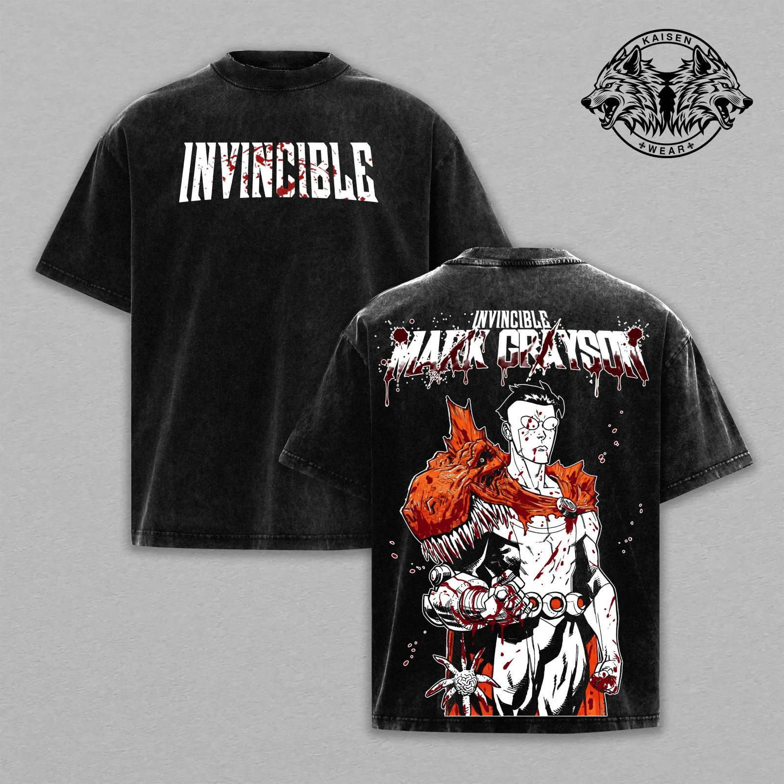 Mark Grayson Invincible Comic Acid Wash T-Shirt Crewneck Graphic Tee Bloody Batt