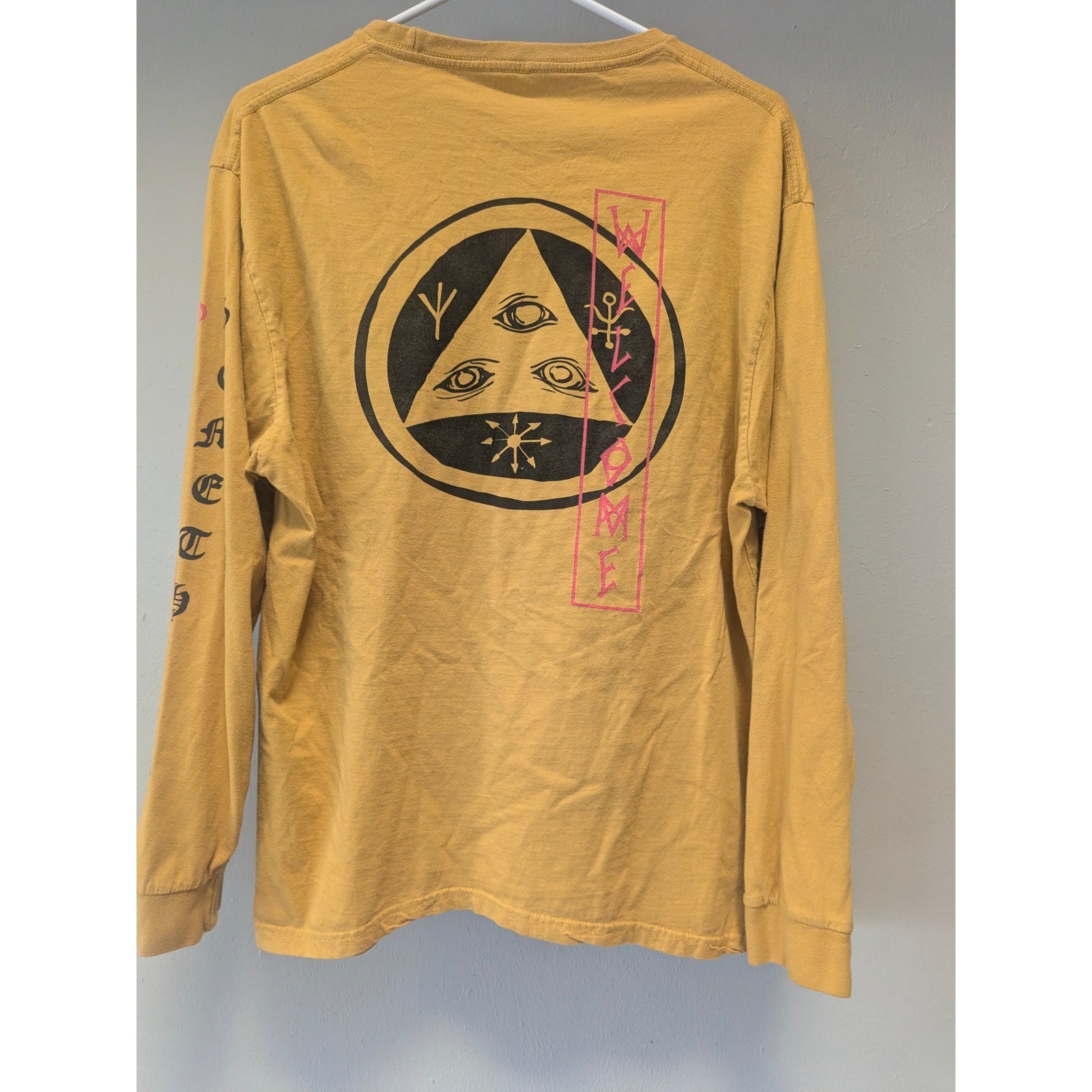 WELCOME Large Mustard Long Sleeve Graphic T Shirt Occult Eye Symbols Cotton