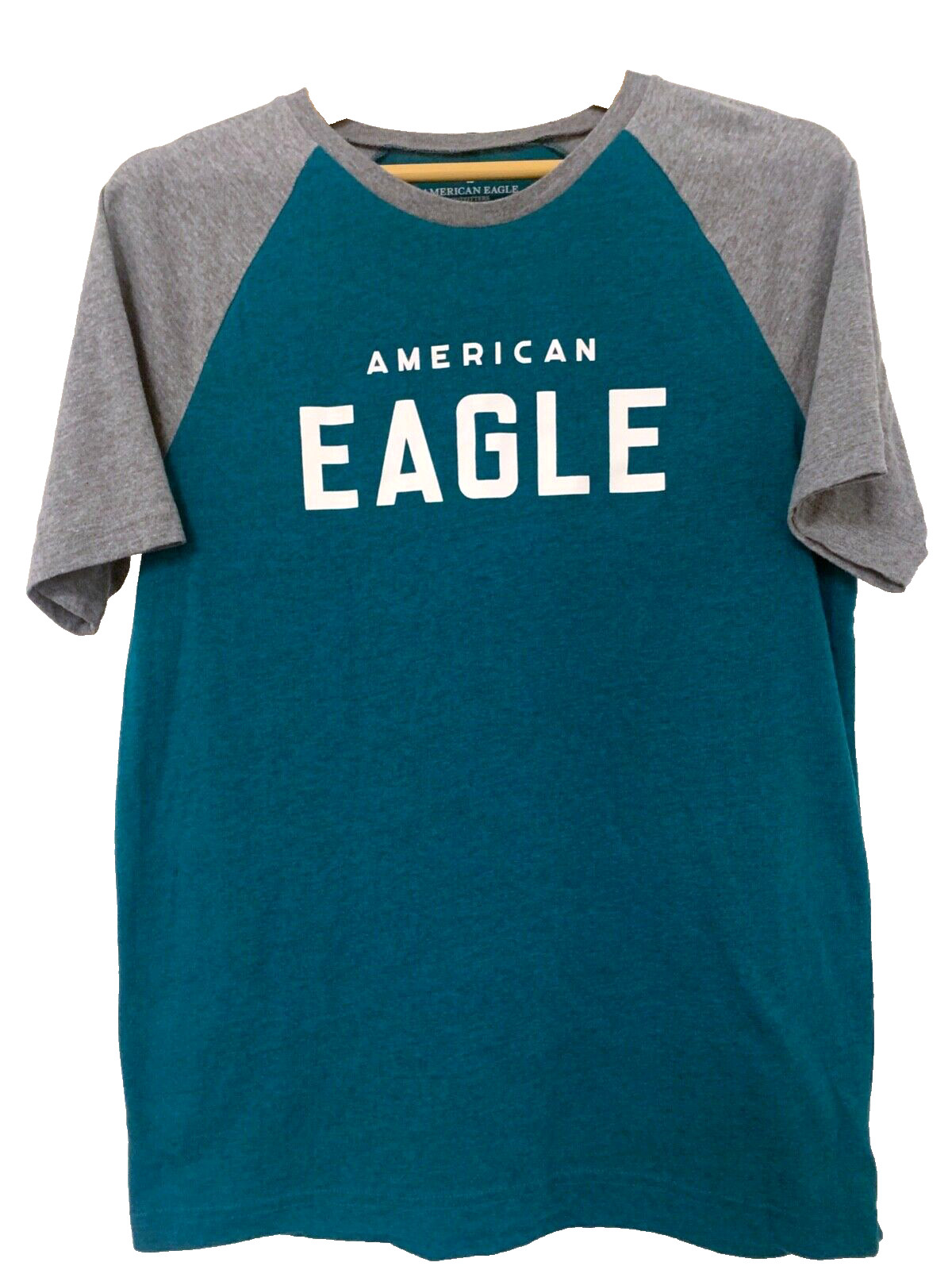 American Eagle Shirt Mens Small Jersey Raglan Crew Neck Short Sleeve Teal & Gray