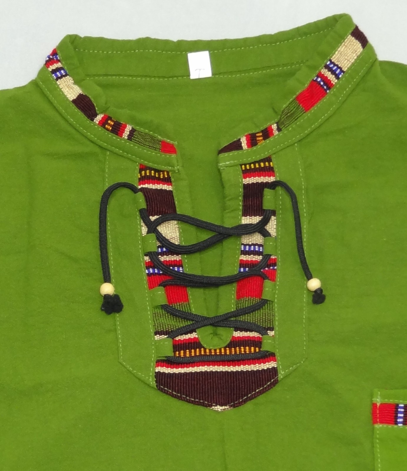 Artisanal Guatemalan Colorful Trim Shirt Green Cotton Mayan Men’s M / Women’s L