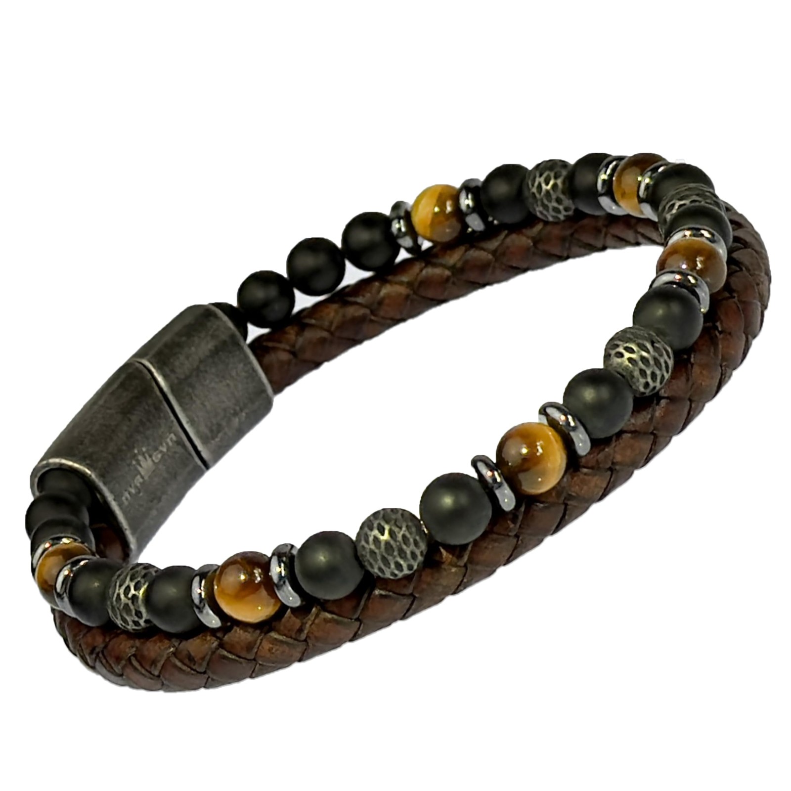 Men’s Leather Bracelet Stack with Textured Stainless Steel Beads, Hematite, B…