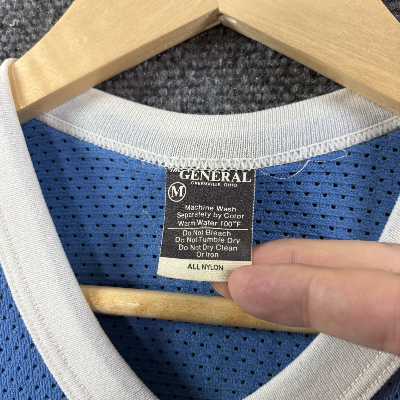 VTG 70s Nylon Mesh Flock Printed V Neck Jersey Mens M Blue Baseball Football