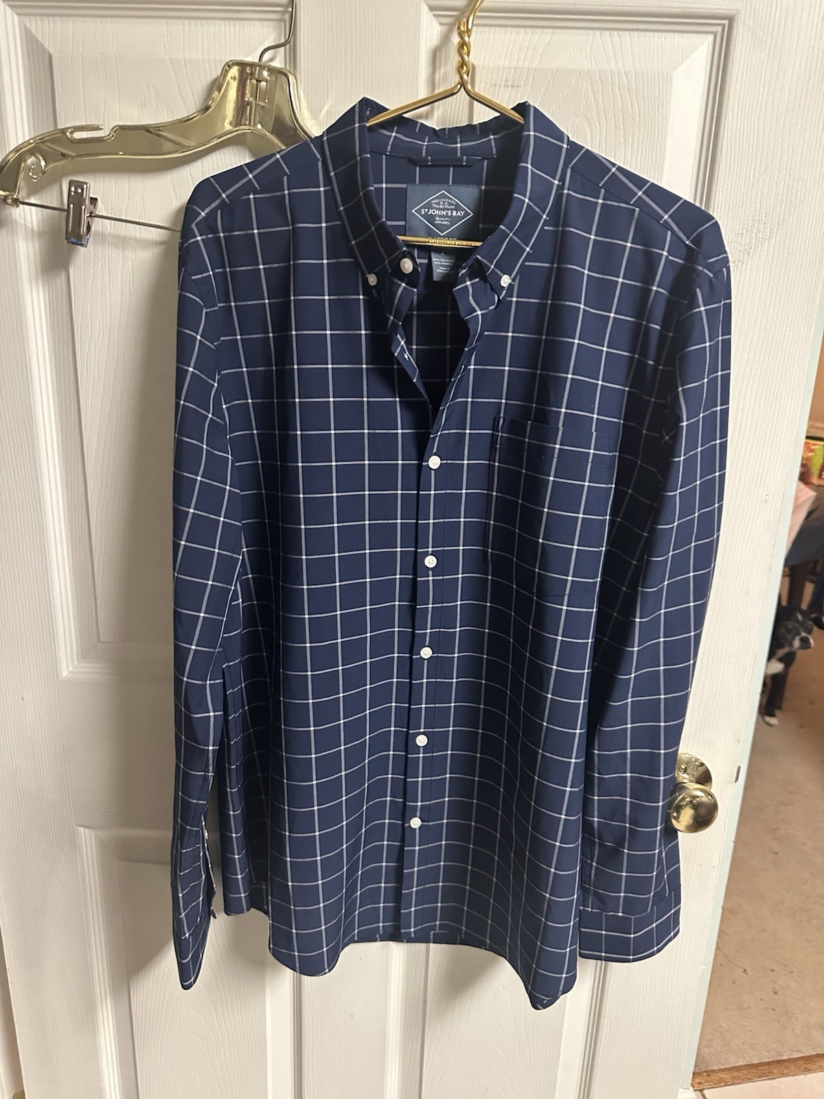 St. John’s Bay Button Up Shirt CLASSIC Easy Care Blue Plaid Quick Dry Large 46w