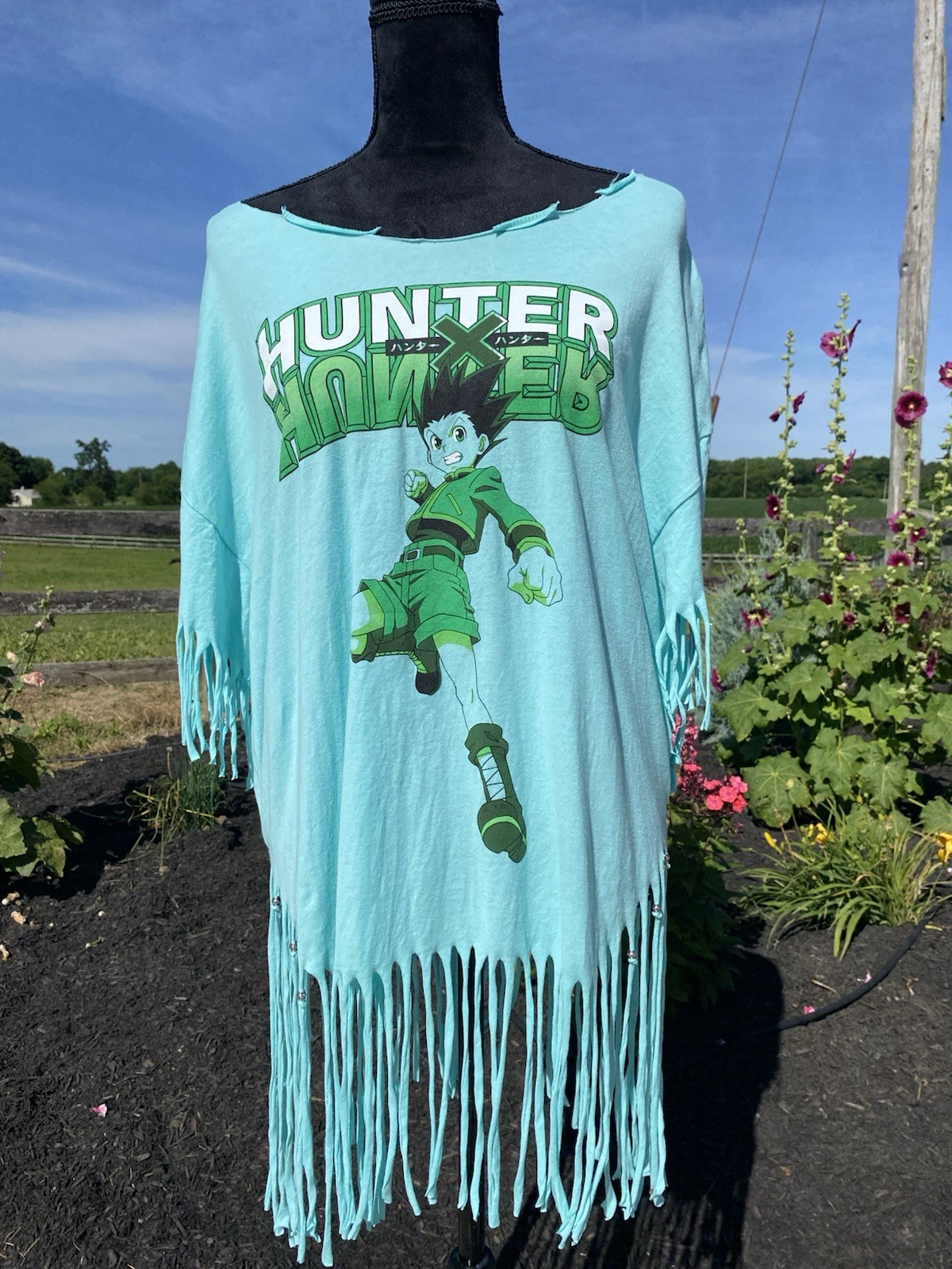 Hunter x Hunter Anime Fringed Custom T-shirt Aqua XXL