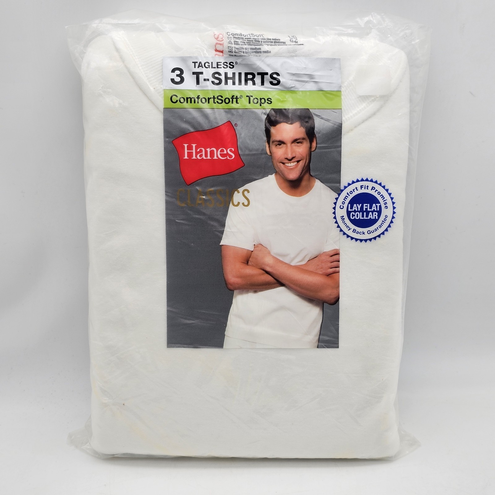 Hanes Classic Tagless 3 pack T-Shirt Comfort Lay Flat Collar Tagless NEW Size L