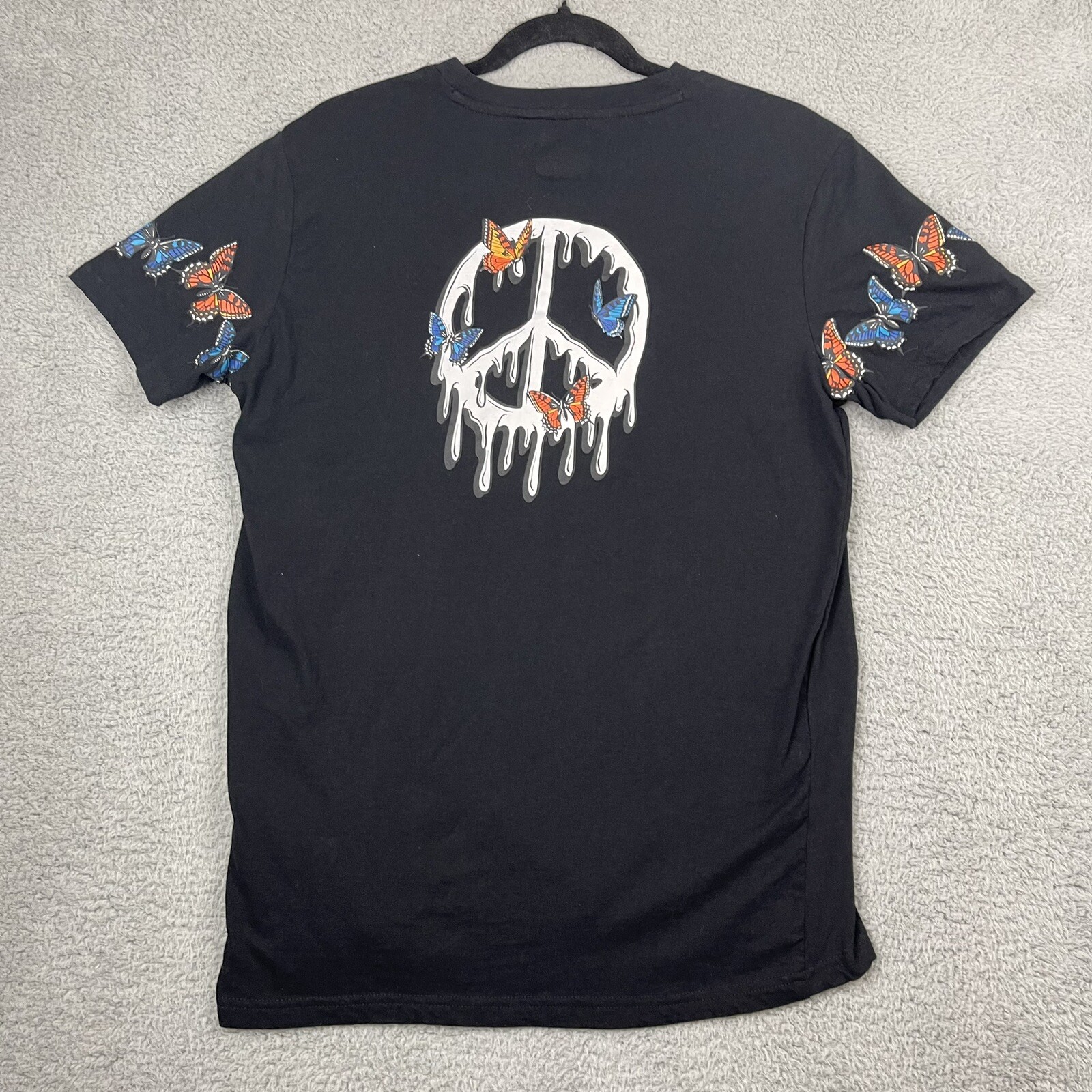 WXYZ Drippy Peace And Butterflies Tee Men Medium M Black Crew Neck Short Sleeve