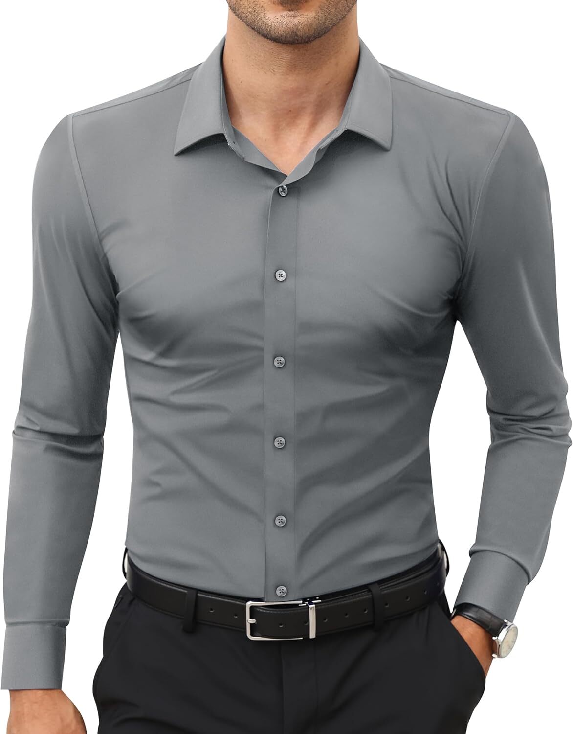 Stretch Slim Fit Wrinkle Free Long Sleeve Dress Shirt for Men Button Down