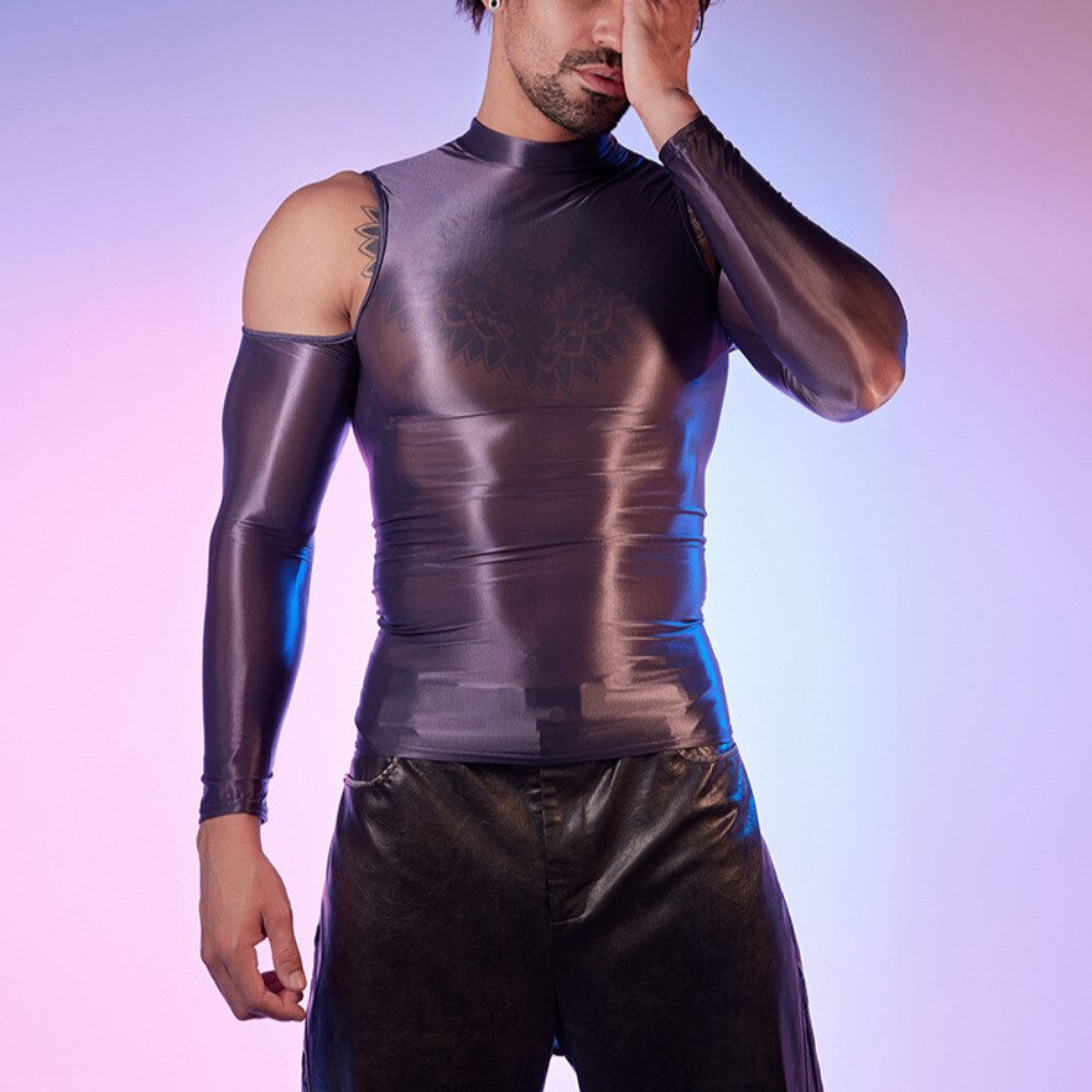 Men Tights Tops Shirt T-shirt Sexy Hollow Out Oiled Shiny Party Clubwear Fashion