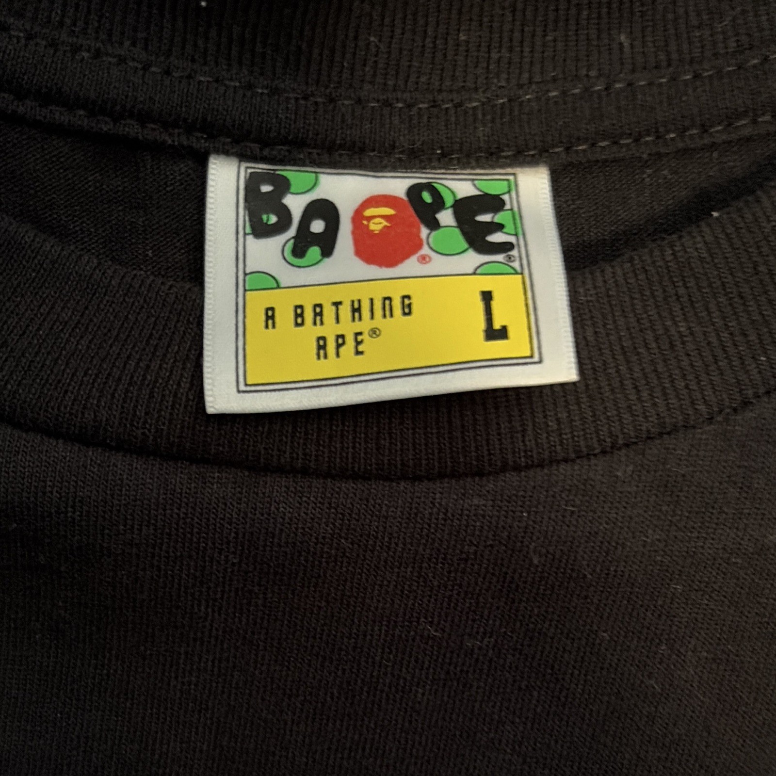 A Bathing Ape BAPE Men’s Black Graphic Logo Crew Neck T-Shirt Size L Cotton