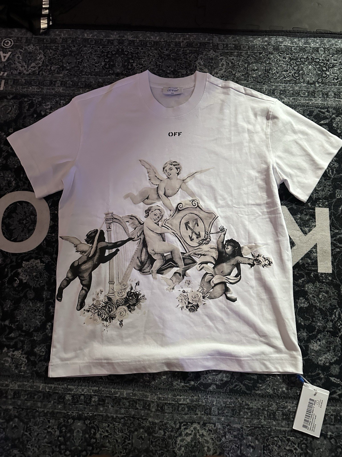 Off-White Men’s White Angel Logo Graphic Print Crew Neck Short Sleeve T-Shirt, L