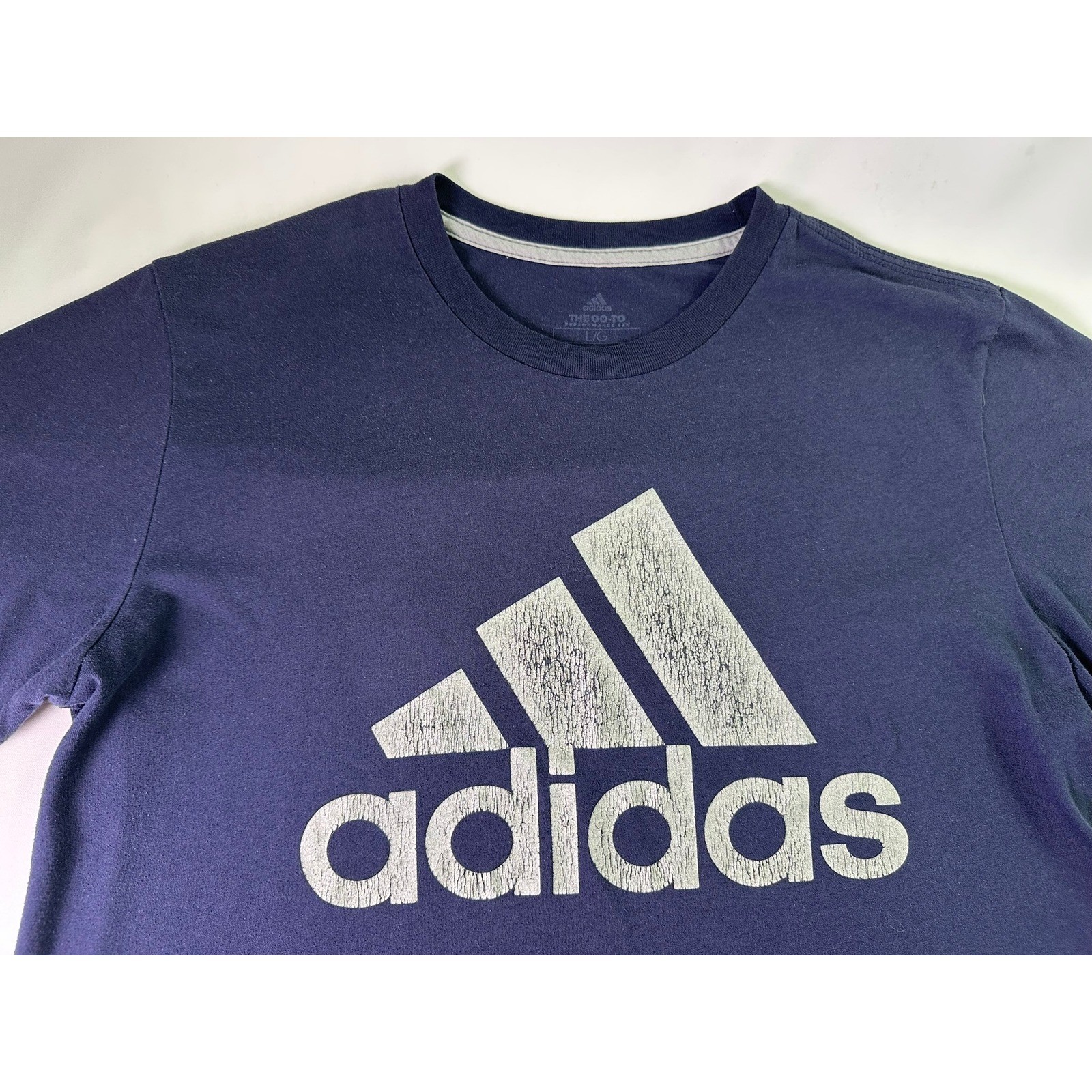 Adidas The Go-To Performance Tee Navy Blue Distressed Logo Shirt Men’s Large L