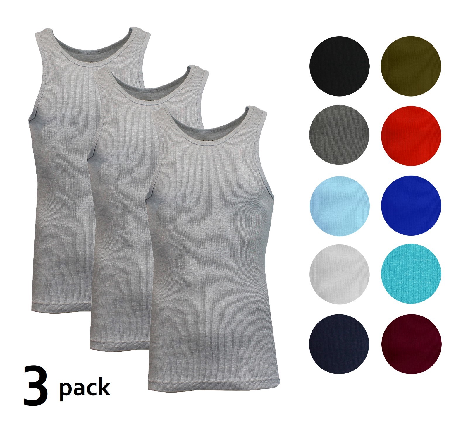 Men’s 3 Pack Ribbed Tank Top Shirts Muscle Sleeveless Gym Beach Undershirt NWT