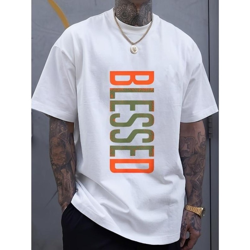 Blessed Shirt Vertical Text Graphic Tee Men Streetwear Casual T-Shirt