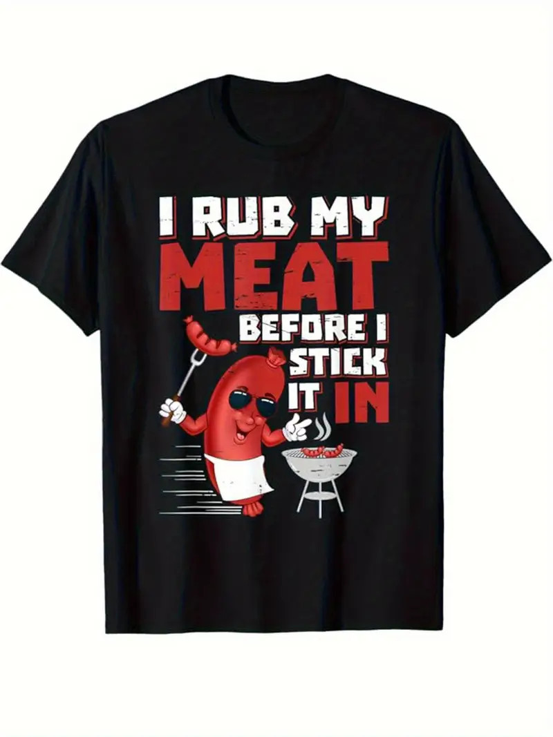 Men’s Cotton Graphic T-Shirt with Funny BBQ Slogan & Cartoon Design – Black Crew