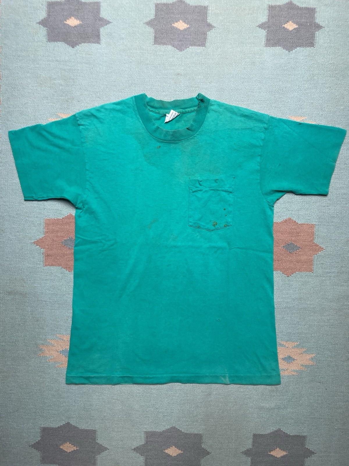 Vintage 90s pocket t shirt blank teal turquoise aqua distressed grunge large