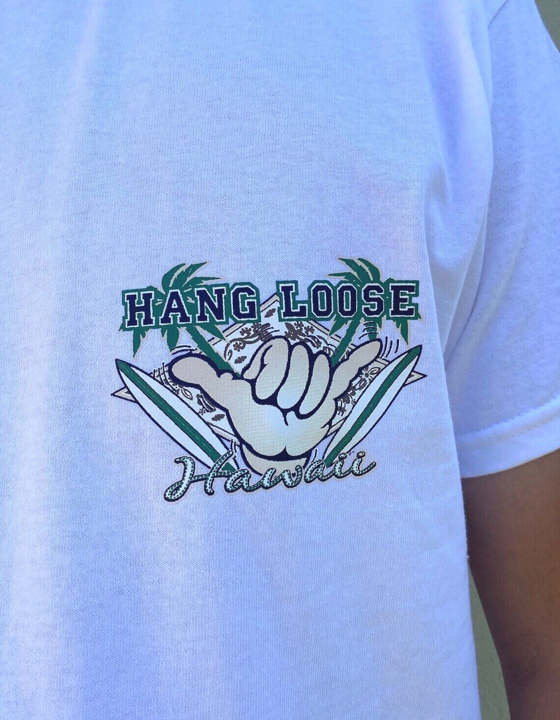 Hawaiian Style Island Hang Loose Shaka Surfboard Men Women White Cotton T-shirt