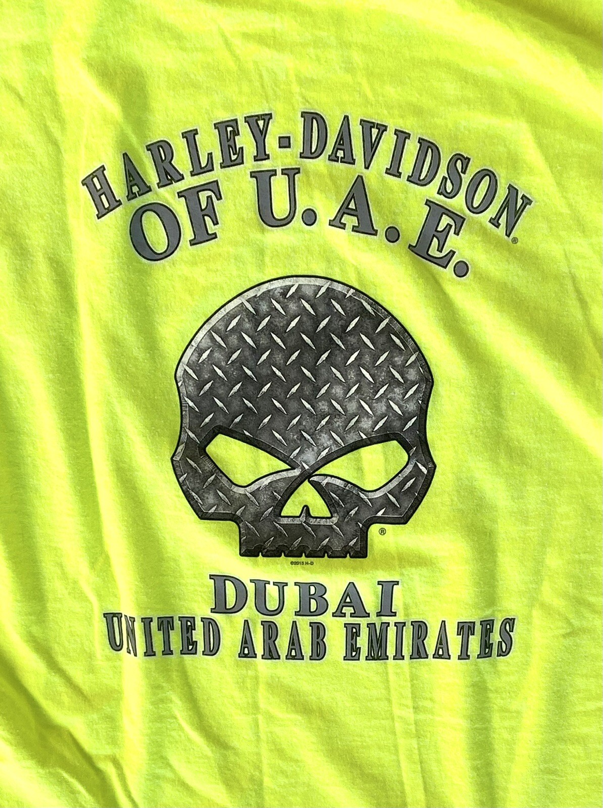 Men’s 2015 Harley Davidson Of U.A.E. Dubai Neon Green T-Shirt sz XL