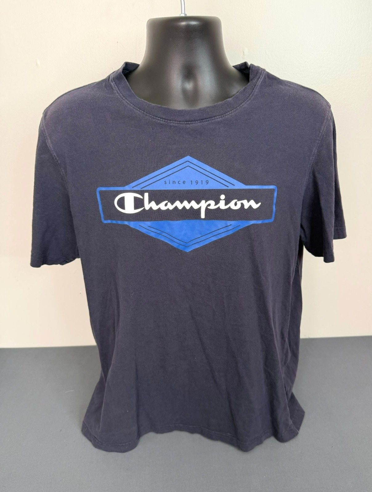 Champion Men’s Size Large Logo Print Crew Neck Short Sleeve Cotton T-Shirt Navy