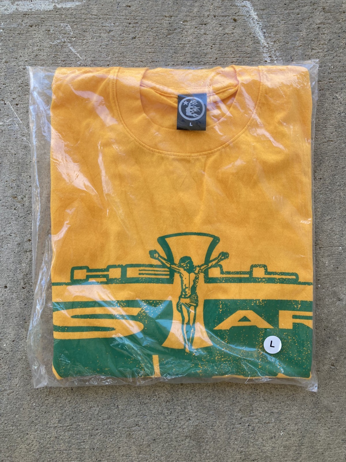 Hellstar Studios Path To Paradise Jesus Tee Golden Yellow Green Print Cross New